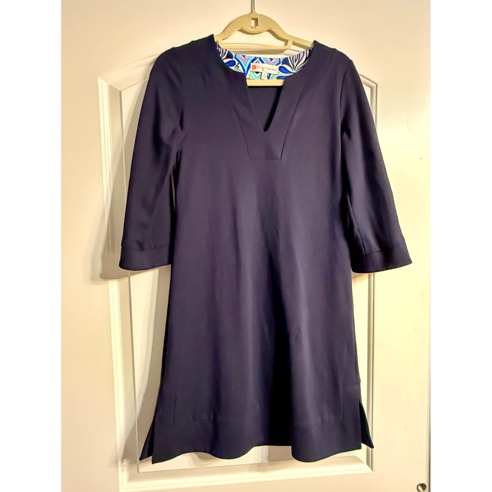 Jude Connally Tunic Dress S Navy Blue 3/4 Sleeve Notched Neck Preppy Mod Shift